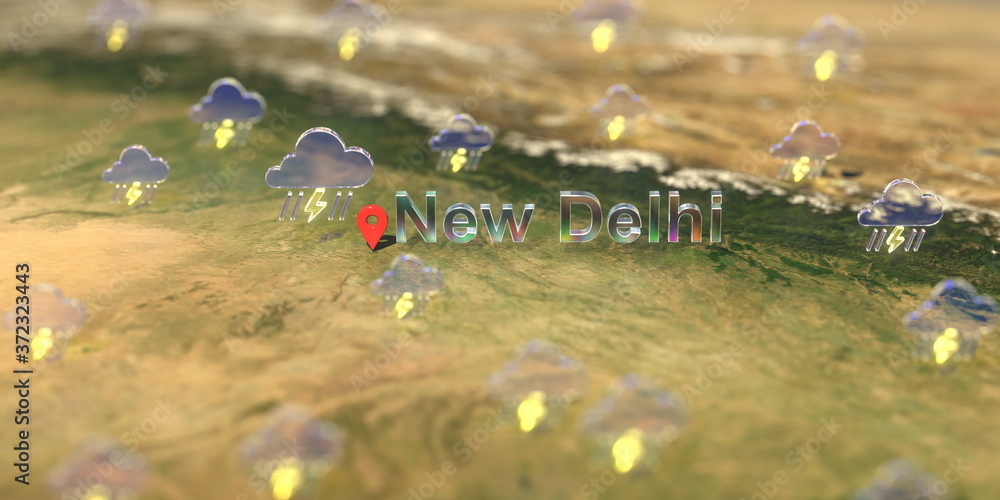 Stormy weather icons near New Delhi city on the map, weather forecast related 3D rendering Stormy weather icons near New Delhi city on the map, weather forecast related 3D rendering