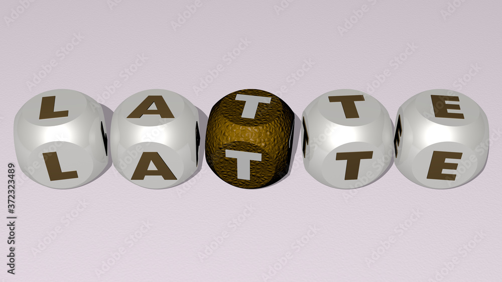 latte text by cubic dice letters, 3D illustration for coffee and cup latte text by cubic dice letters, 3D illustration for coffee and cup
