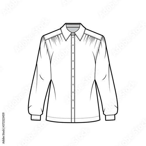 Gathered shirt technical fashion illustration with long sleeves with cuff, classic collar, oversized, front button fastenings. Flat apparel blouse template front, white color. Women men unisex top CAD