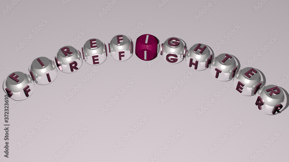FIREFIGHTER curved text of cubic dice letters, 3D illustration for emergency and equipment FIREFIGHTER curved text of cubic dice letters, 3D illustration for emergency and equipment
