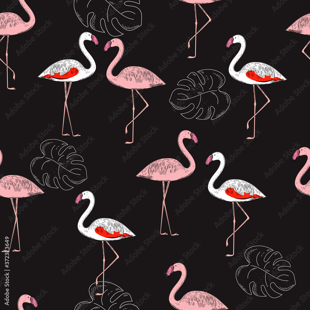 Obraz premium Flamingo seamless pattern on black background. Pink and Chilean flamingos and monstera leaves. Fashionable vector illustration. design for fabric, interior, decor, printing.