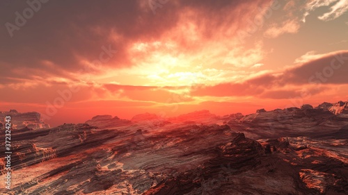 Alien surface of the planet at sunrise, Martian sunset, Mars at sunset, Sunrise on Mars, 3D rendering