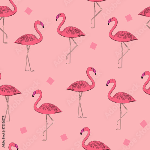 Pink Flamingo seamless pattern on pink background. Fashionable vector illustration. design for fabric, interior, decor, printing.