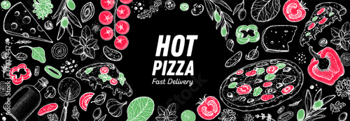 Italian pizza and ingredients. Italian food menu design template. Pizzeria menu design template. Vintage hand drawn sketch vector illustration. Engraved image.