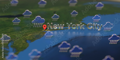 Sticker Rainy weather icons near New York City on the map, weather forecast related 3D r