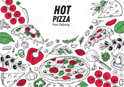 Italian pizza and ingredients. Italian food menu design template. Pizzeria menu design template. Vintage hand drawn sketch vector illustration. Engraved image.