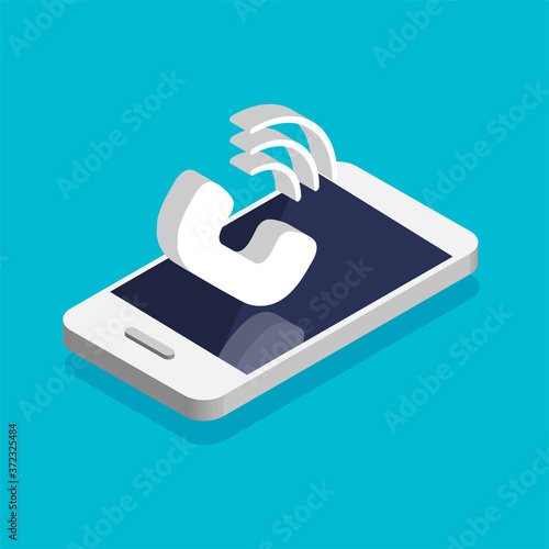 Isometric smartphone with phone call icon on a screen. Calling service concept. Answer the call. Vector 3d illustration for web banners, websites, infographics.