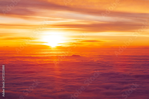 Heatwave hot sun. Climate Change. Global Warming.Beautiful landscape in the mountains at sunrise.Mountain Mist in sunrise,mist on sunrise,mist over mountain during sunrise