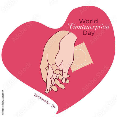 Celebration of the World Contraception Day. Hands in a pink heart and protection. The mans palm hugs the womans palm. Gesture is love and passion. Vector illustration
