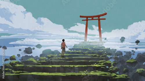 young boy walking up the stairs to the Torii gate, digital art style, illustration painting