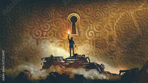 the adventure man with a torch standing and looking at a large keyhole on the brass wall, digital art style, illustration painting