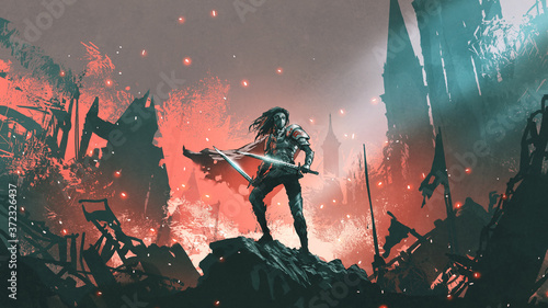 knight with twin swords standing on the rubble of a burnt city, digital art style, illustration painting