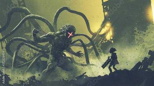 sci-fi scene of a girl facing the giant monster with tentacles, digital art style, illustration painting photo