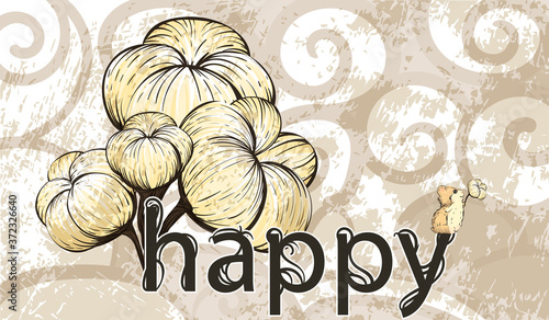 The word "happy" is next to a cotton Blossom on a decorative aged vintage background with cute hamster. Flower illustration. Botanical design. EPS 10