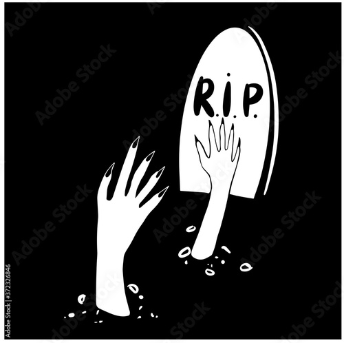 Sticking out hands from the grave. Vector halloween gravestone, cemetery clipart on a black background. Dia de los muertos. day of the ded. Halloween. Hand drawn illustration for cards, posters, 