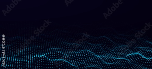 Abstract digital landscape with flowing particles and upper light. Cyber or technology background.Vector illustration
