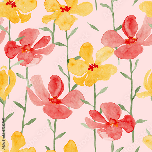 Yellow and red flowers watercolor painting - hand drawn seamless pattern on pink background