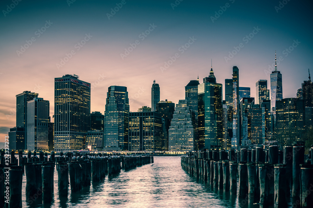 New York City skyline panorama with skyscrapers over East River