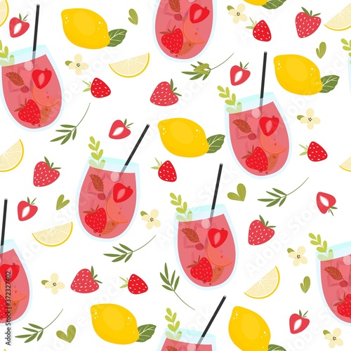 Vector seamless pattern with strawberry lemonade glass and lemons. Summer background