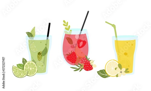 Set with summer cocktails and lemonades strawberry, mojito. Vector illustration fpr summer design