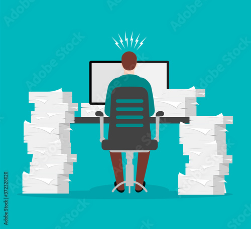 Paperwork and office routine. Busy businessman in stress at work table among many documents. Paper sheets pile. Heap of white papers on blue background in a flat trendy style.	