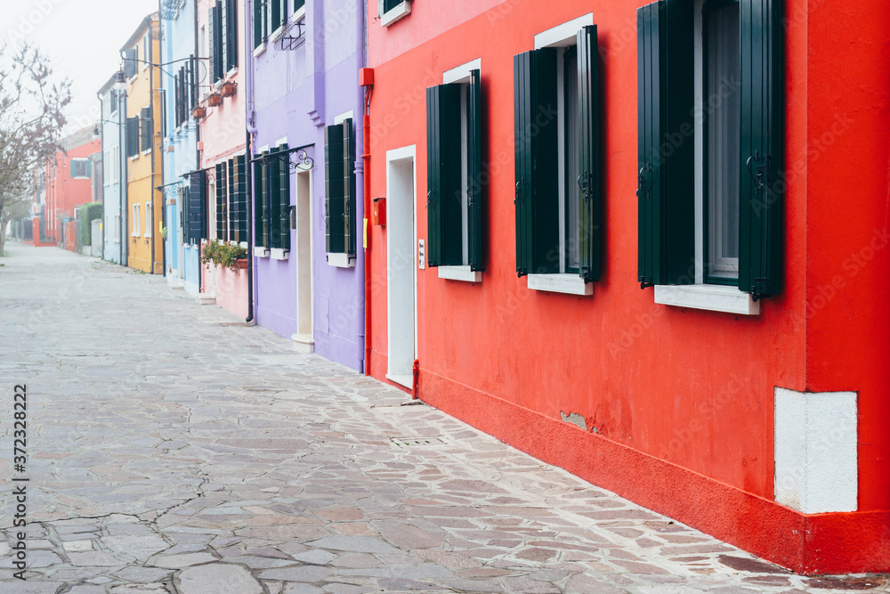 Island of Burano, Venice, Italy. Colored houses. Landscape of Burano.