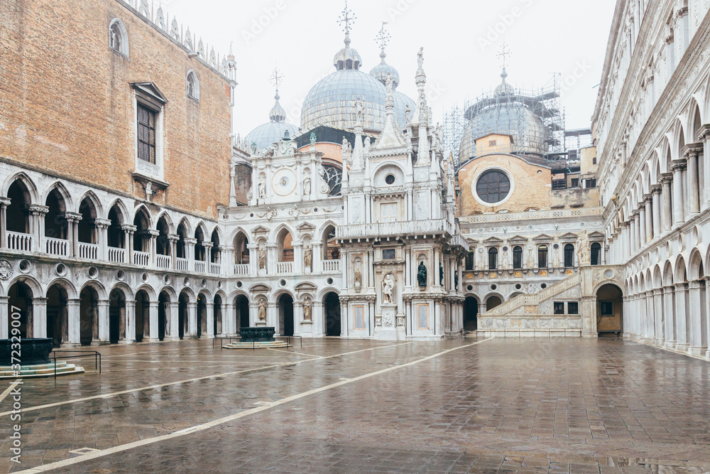 Basilica of San Marco in the background seen from the courtyard of the Doge's Palace in Venice, Italy. Palazzo ducale. Without people.