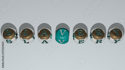 SLAVERY text by cubic dice letters, 3D illustration for concept and freedom