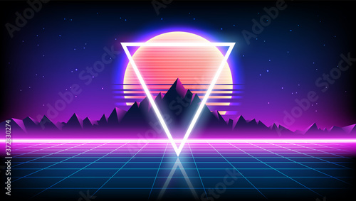 80s Retro Sci-Fi Background with Sunrise or Sunset night sky with stars, mountains landscape infinite horizon mesh in neon game style. Futuristic synth retrowave illustration in 1980s posters style.
