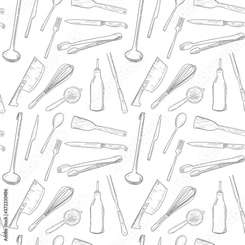 Kitchen utensils graphic seamless black and white pattern