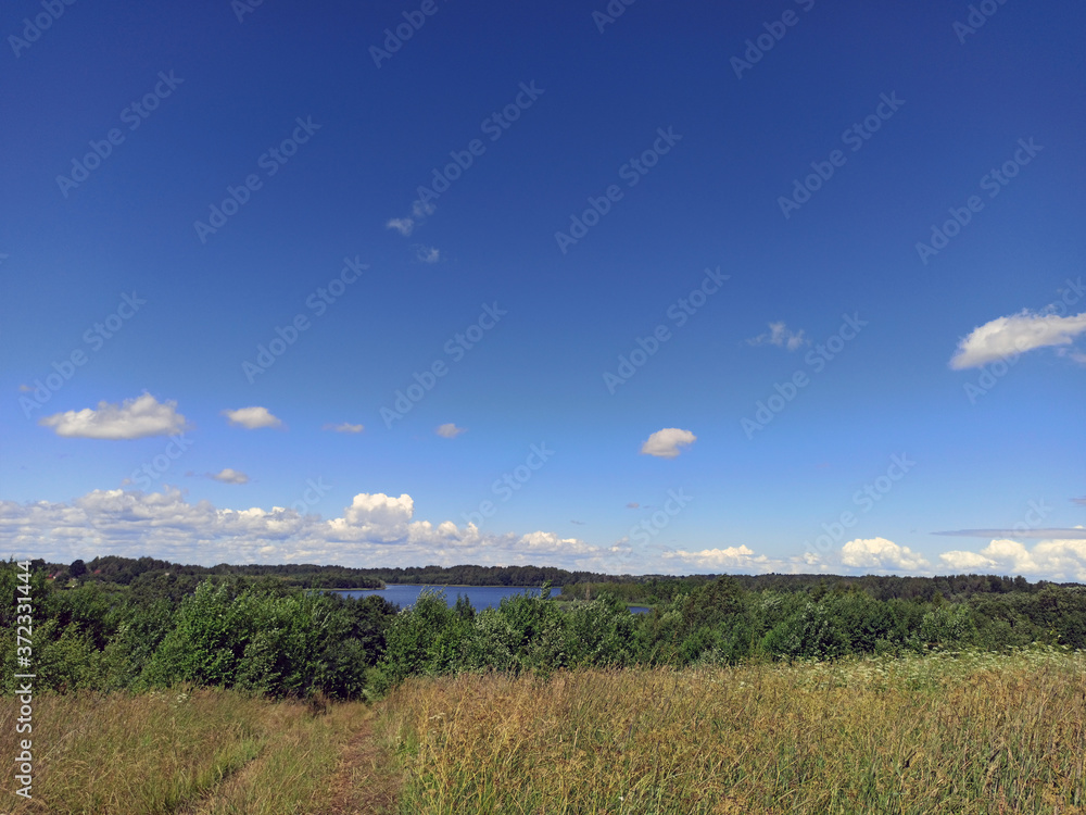 photo of a field and a lake in the distance. sunny summer day. blue sky and green bushes.