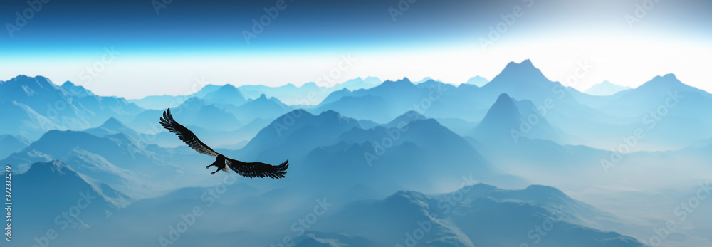 Eagle flying in the clouds at dawn