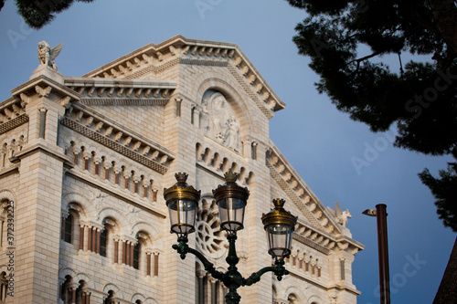 beautiful cathedral of monaco at sunset