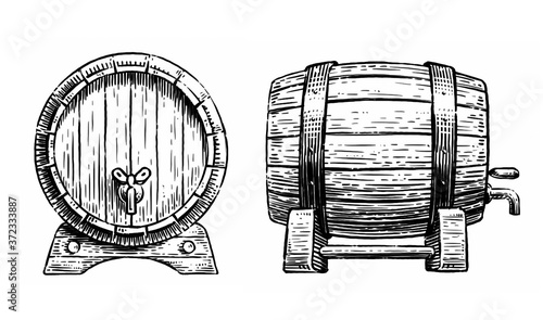 Fényképezés Wooden barrel with faucet sketch. Hand drawn vintage illustration