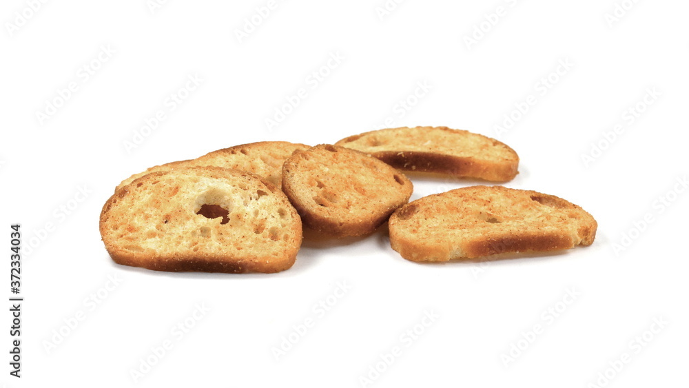 Crusty bread bruschetta. Sliced bruschetta on white background. 