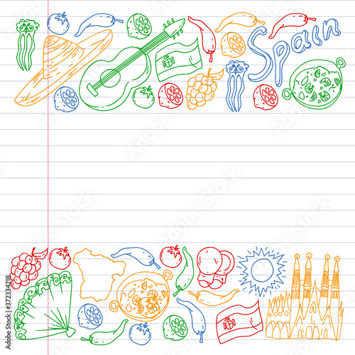Spain vector icons. Hand drawn set with spanish food paella, shrimps, olives, grape, fan, wine barrel, guitars, music instruments, dresses, bull, rose, flag and map, lettering.