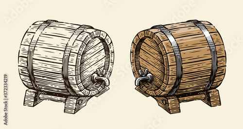 Wooden barrel with faucet sketch. Hand drawn vintage vector illustration