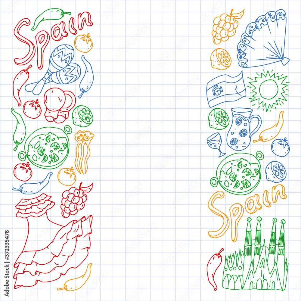 Spain vector icons. Hand drawn set with spanish food paella, shrimps, olives, grape, fan, wine barrel, guitars, music instruments, dresses, bull, rose, flag and map, lettering.