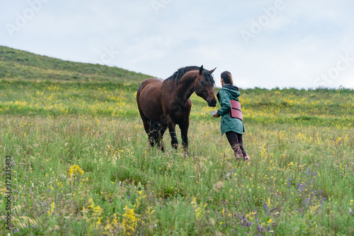 Young caucasian woman traveler and horse in the mountain scenery.