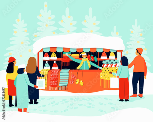 The shop assistant with winter accessories attracts buyers.  On the shelves are elegant accessories, hats, scarves, mittens. Flat vector illustration.

