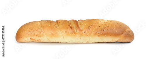 Small fresh baguette isolated on white background