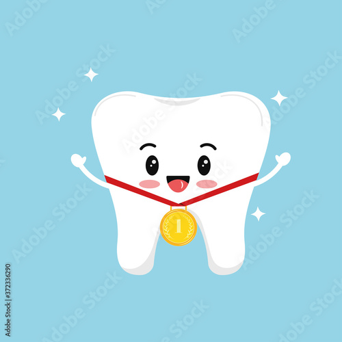 Cute tooth with golden medal on red ribbon isolated on blue background. White healthy tooth with first place or first time visit dentist emblem. Vector flat design cartoon style illustration.