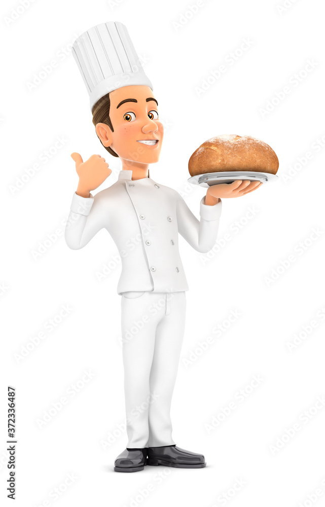 3d head chef standing with bread and thumb up 3d head chef standing with bread and thumb up