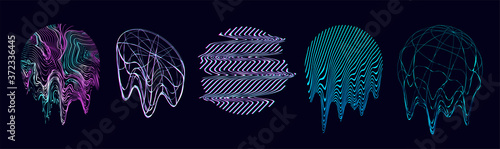 Retrofuturism shapes, circle glitch and liquid elements. Holographic illuminated in 80s-90s. Futuristic design vaporwave, synthwave. Trandy shapes for merch and T-shirt. Vector set glitch elements