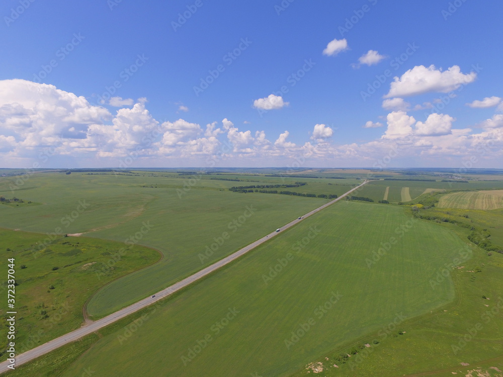 The road goes through a green field to the horizon against the blue sky with clouds. Tatarstan, Russia