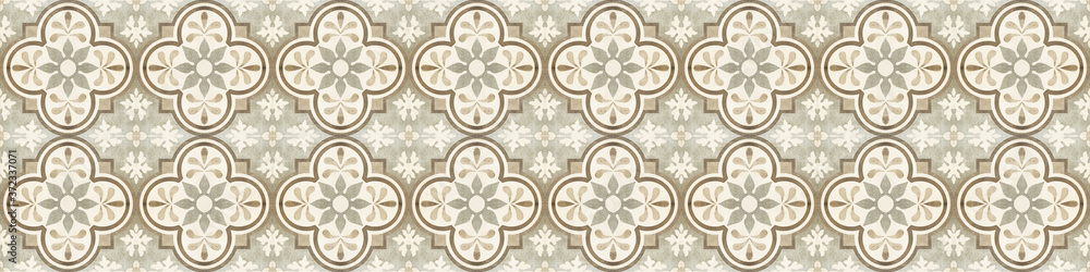 Seamless beige brown gray grey vintage retro geometric square mosaic motif cement tiles with flower leaves print texture background banner panorama