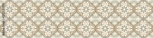 Seamless beige brown gray grey vintage retro geometric square mosaic motif cement tiles with flower leaves print texture background banner panorama