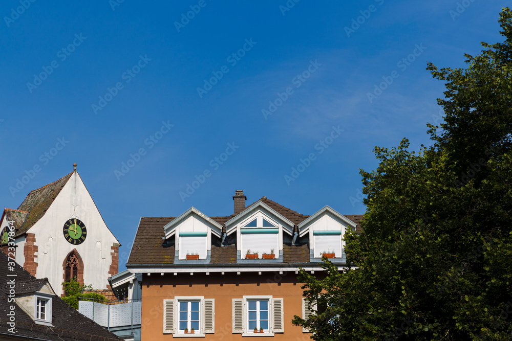 Facades of residential buildings in the old town of Schopfheim in the Black Forest