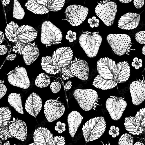 Seamless pattern with strawberries, leaves and strawberry flowers. Hand drawn sketch. Black and white style illustration. Vector illustration.