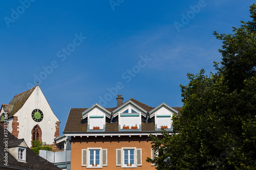 Facades of residential buildings in the old town of Schopfheim in the Black Forest